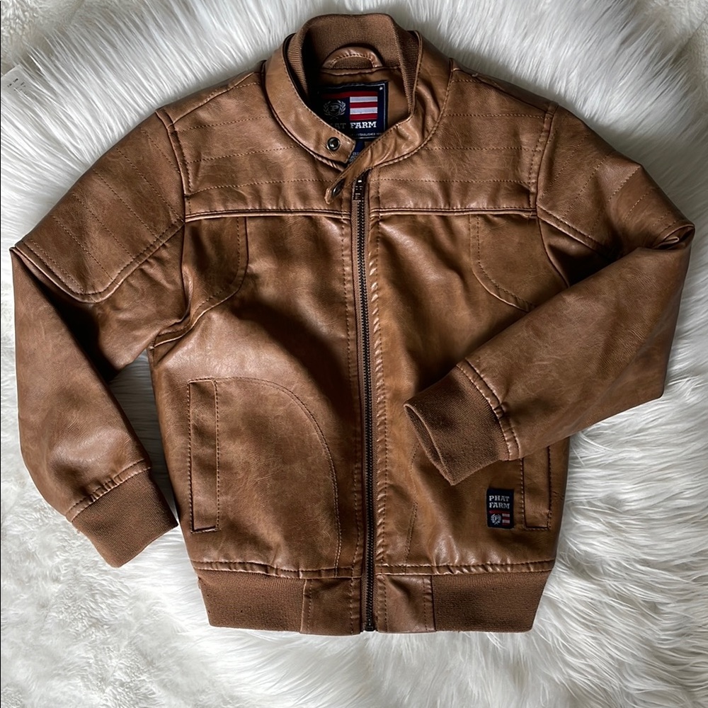 Boys Phat Farm Cognac Brown Leather Jacket, size 6
